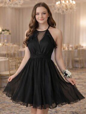 Kathy Hilton Black Halter Dress NWT Size 8 | Sheer Ruffle, Open Back, Prom